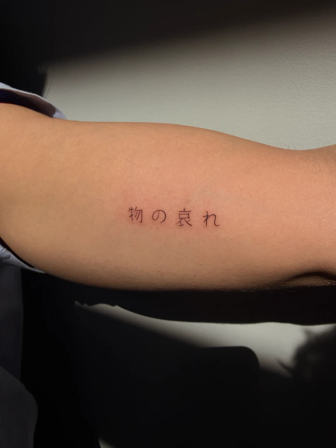 Fine line Japanese text tattoo on arm